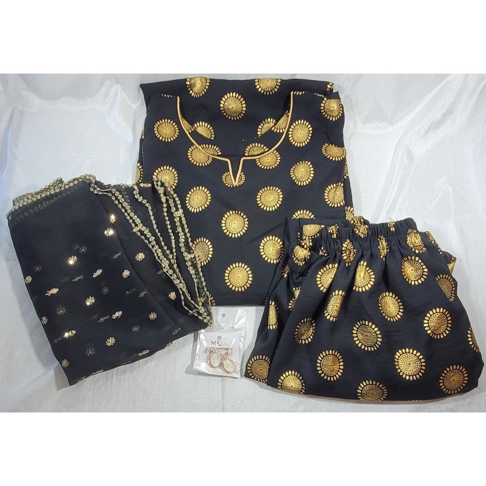 Women's‎ 3pc Cotton Dupatta Kurta Set - Black & Gold - 44" Chest, 40" Long